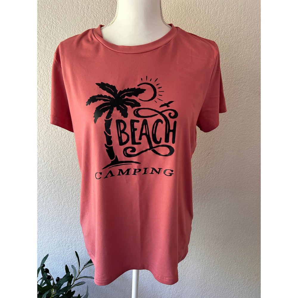Beach Camping Graphic‎ Tee Coral Pink Short Sleeve T-Shirt Women Large